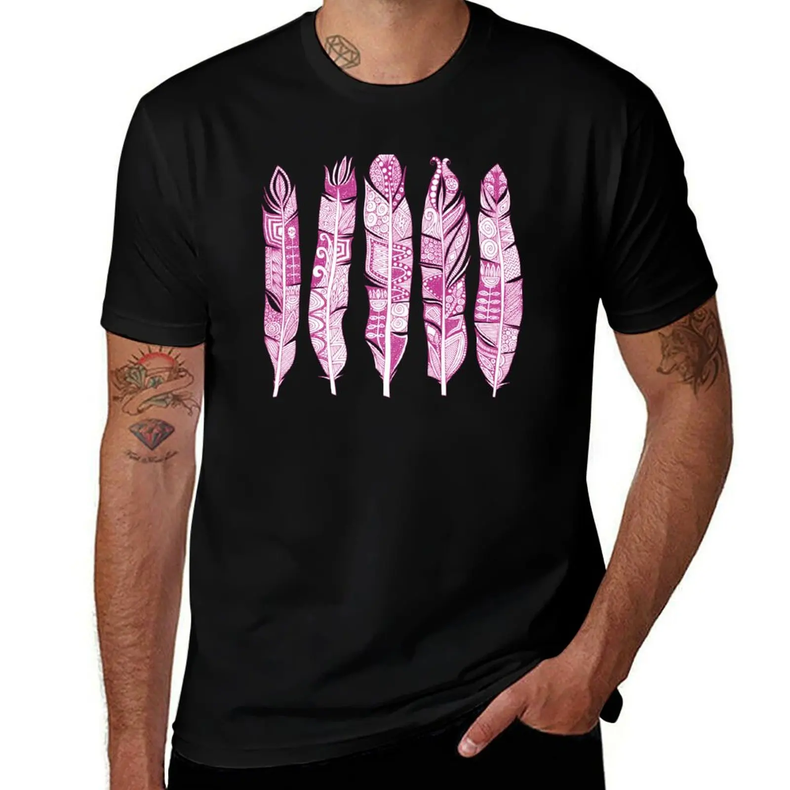 

geo feathers hot pink T-Shirt man t shirt cotton man graphic t shirt men t shirt cotton 100% T-shirt