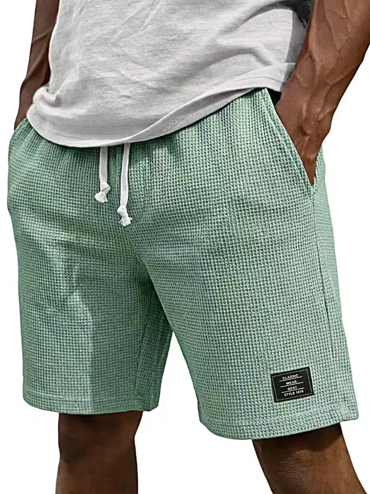 Sommerliche Herren-Shorts im Waffel-Stil, Business-Casual, neue koreanische Mode, mit Kordelzug, Baggy-Shorts, Fitness, atmungsaktiv, Streetwear, Gym, für Männer – Detail 7