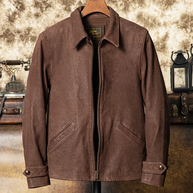 Brown Autumn Leather Jacket Men Retro Casual Style Plus Size 4XL Natural Sheepskin Slim Fit Smart Genuine Leather Coat