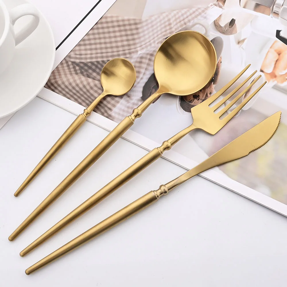 New 24Pcs Gold Creative Tableware Set Stainless Steel Cutlery Set Tea Spoon Knife Fork Dinner Set Silverware Kitchen Dinnerware