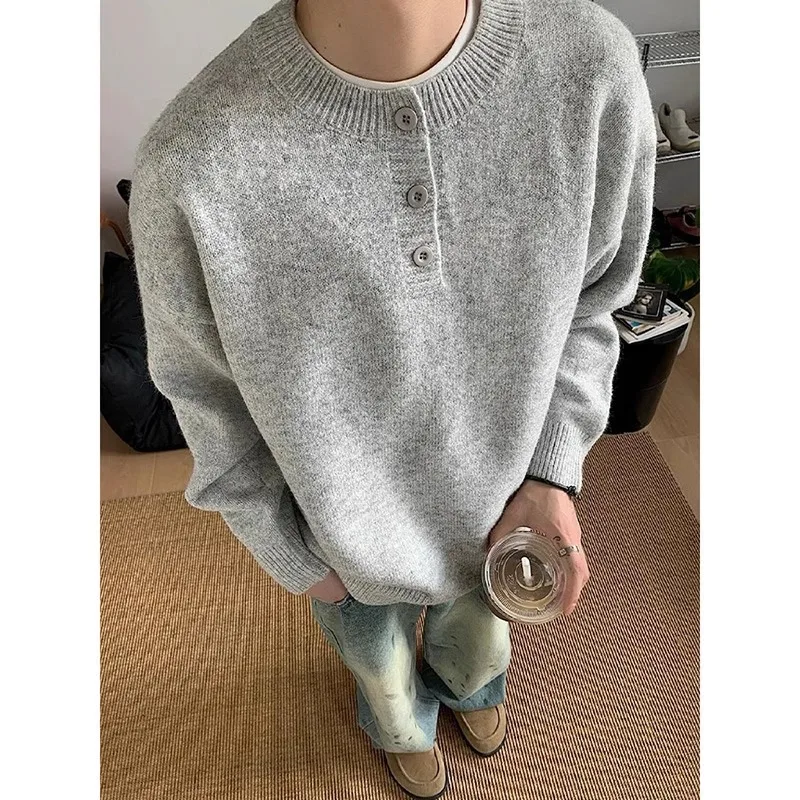 

American Retro Henry Collar Knitted Sweater for Men Autumn Loose Long Sleeved Sweater Inner Layer Bottom Shirt Men's Sweaters