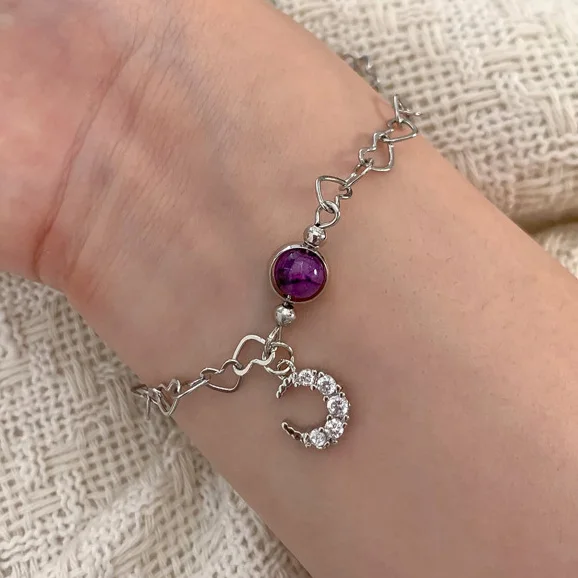 PONYKISS 925 Sterling Silver Purple Crystal Zircon Star Moon Charm Bracelets for Women Cute Fine Jewelry Minimalist Accessories