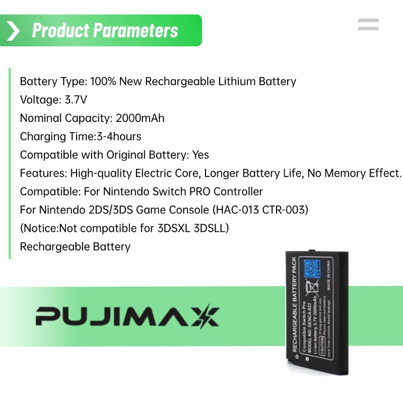 PUJIMAX 2000mAh Battery for CTR-003 HAC-013 for Nintendo Switch Pro Wireless Controller for Nintendo 2DS/3DS Console Battery view 2