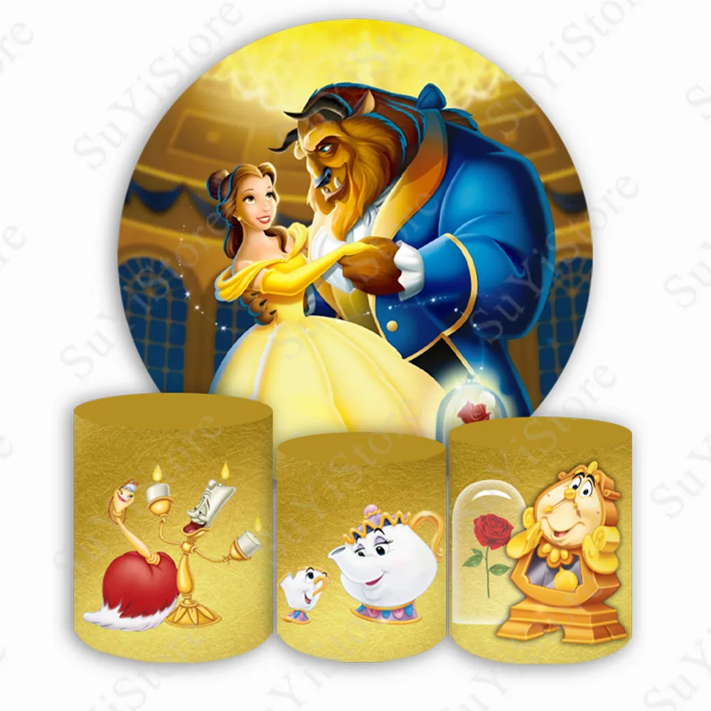 

Beauty And The Beast Circle Photo Backdrop Kids Birthday for Girls Golden Round Photography Background Cylinder Covers