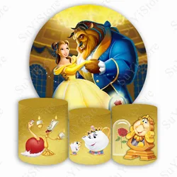 Beauty And The Beast Circle Photo Backdrop Kids Birthday for Girls Golden Round Photography Background Cylinder Covers