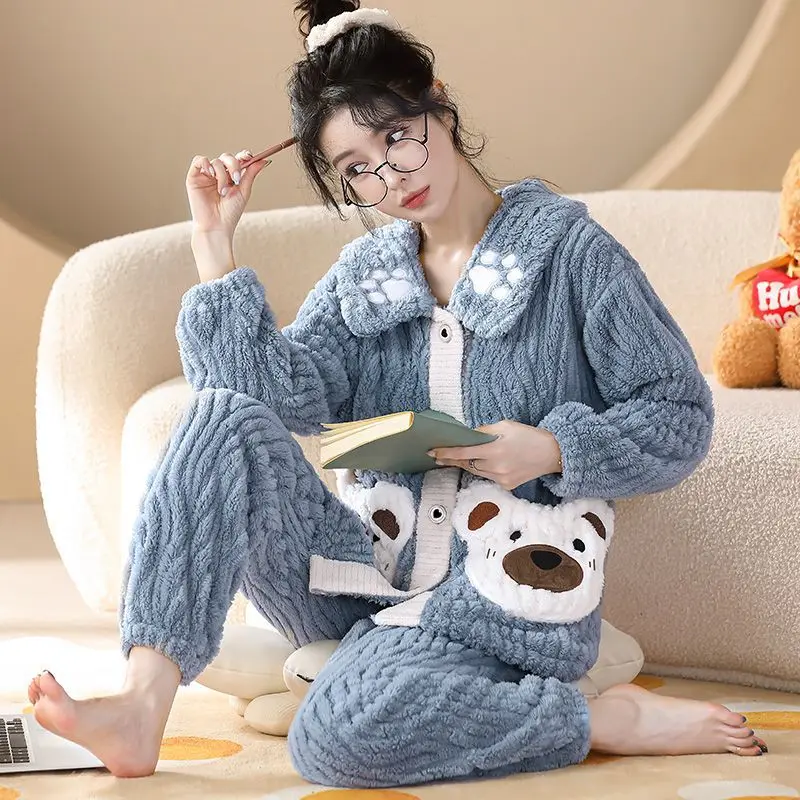 

Sweet Cute Girl Loungewear Sets Flannel Women Sleepwear Thick Pajamas Autumn Winter Coral Fleece Pijamas Famale Homewear Suit