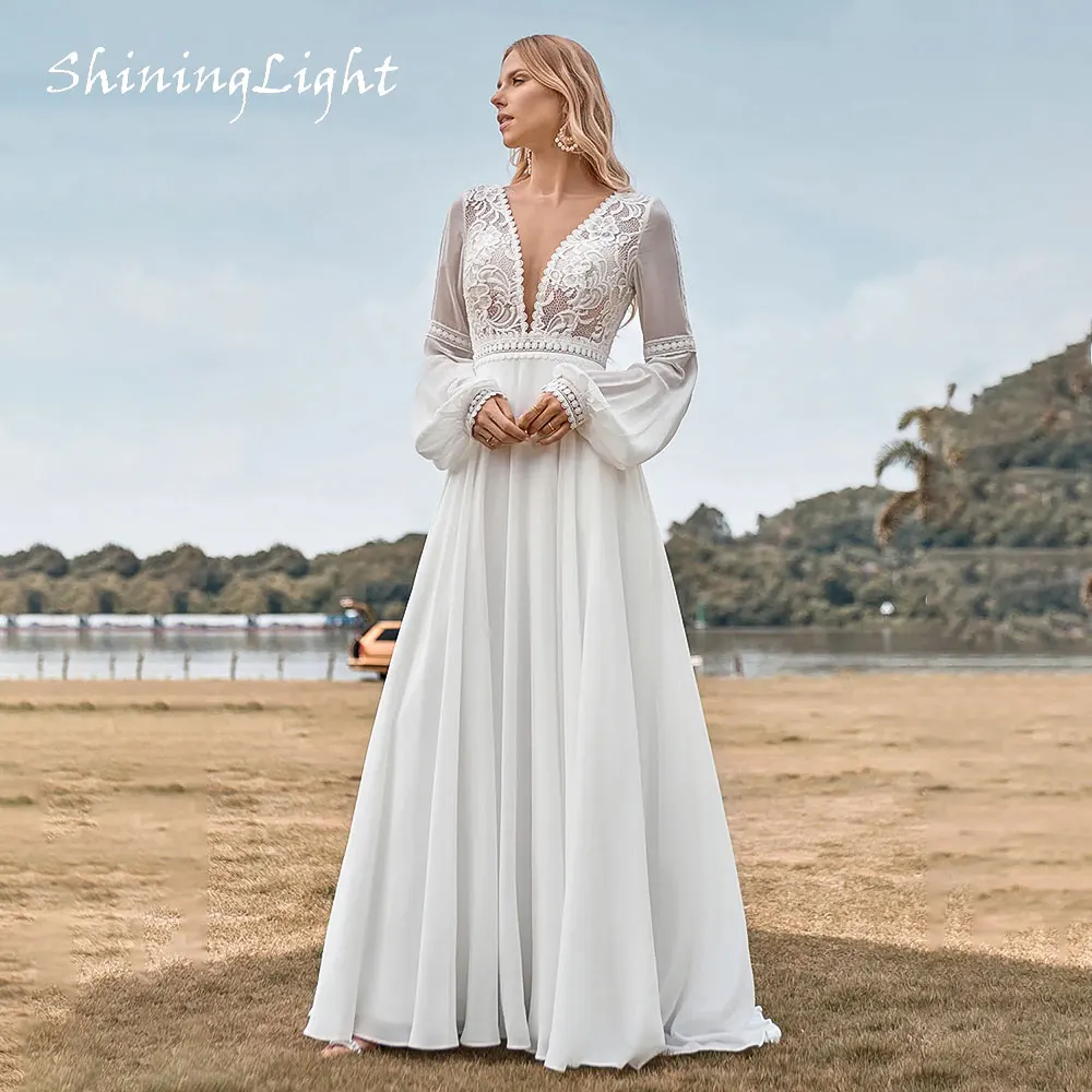 

ShiningLight Boho Chiffon Wedding Dresses Full Sleeve Simple Bridal Gown A Line Lace Bride Dress V-Neck Vestido Novia Customized
