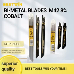 BESTWiN 5PCS Bi-Metal Saw Blades Metal Cutting 150mm/225mm 14TPI Reciprocating Saw Blades with Cobalt for Metal Fine Cutting