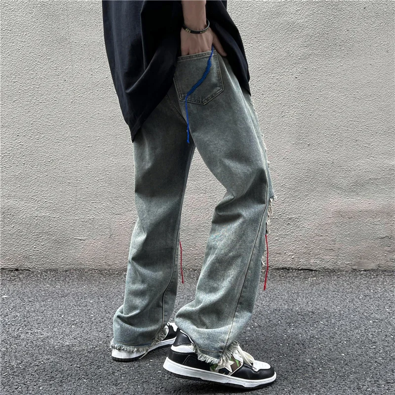 2023 Street High Street Broek Ins Trendy Geborduurd Versleten Gat Denim Jeans Heren Heren Bedelaar Vloer Dwear Broek Streetwear Nieuw