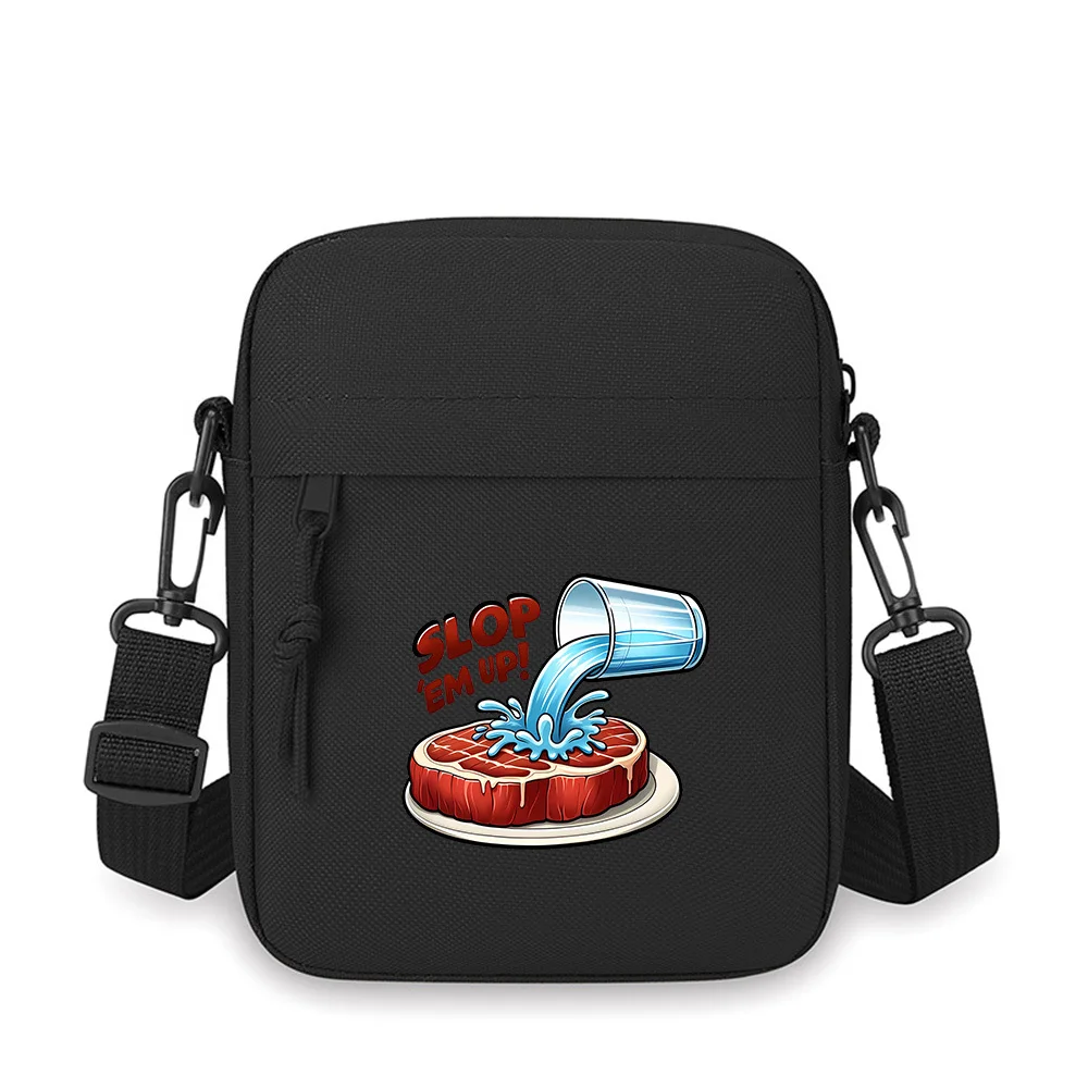 

Water pouring steak. Fresh meat plate. Men Crossbody Bag Single Shoulder Women Cartoon Anime Film Printing Design Unisex