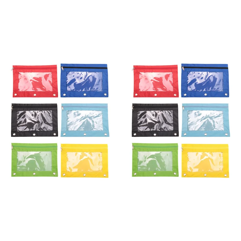 Paquete de 12 estuches coloridos para lápices con cremallera de 3 anillas, estuche para lápices de tela, resistente, duradero, con ventana transparente adecuada