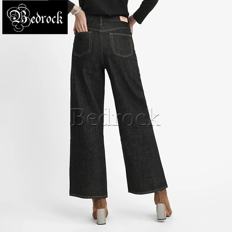 MBBCAR 12oz ladies wide leg loose straight pants black one washed selvedge denim jeans retro mature style queen pants women 4001