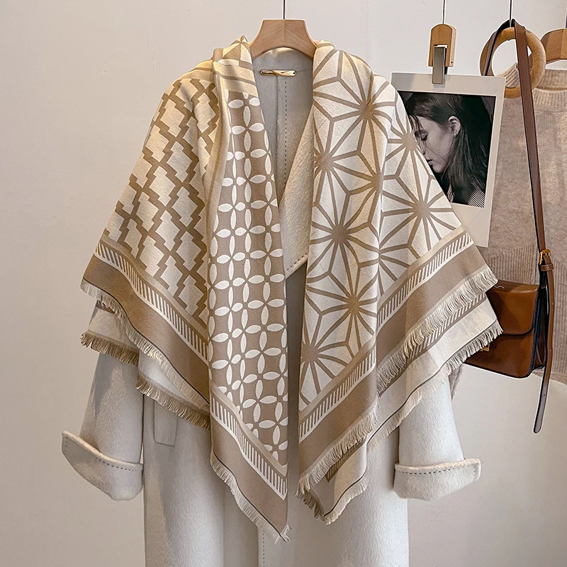 

New Women's Fashion Faux Cashmere Winter Wraps Vintage Printed Tassels Thick Warm Pashmina Two-Sided Scarf Outdoor Shawls Foular