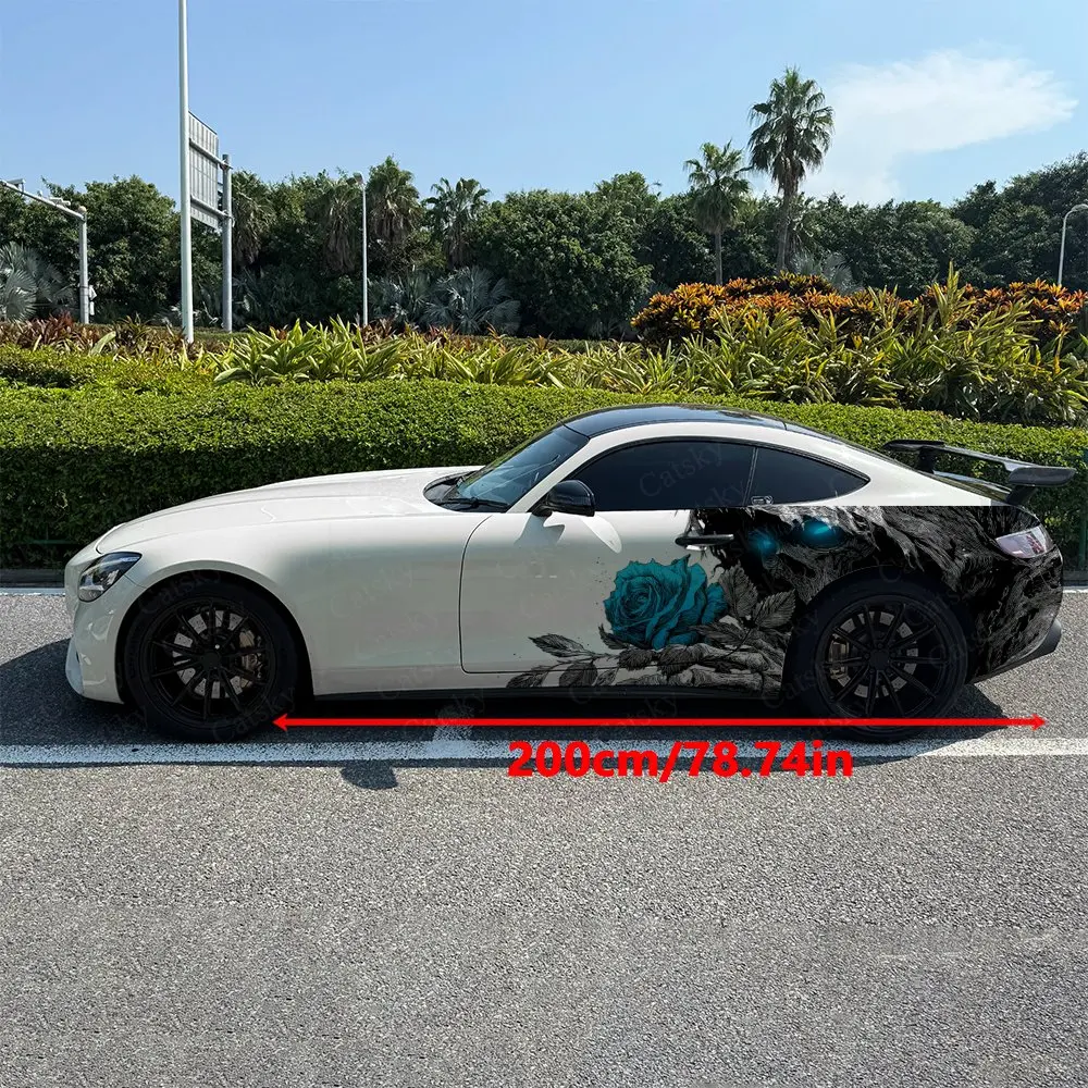2pcs Aesthetic Blue Rose Skeleton Car Side Wraps, Self-Adhesive PVC Waterproof & Scratch-Resistant Stickers, Car Accessory Gift