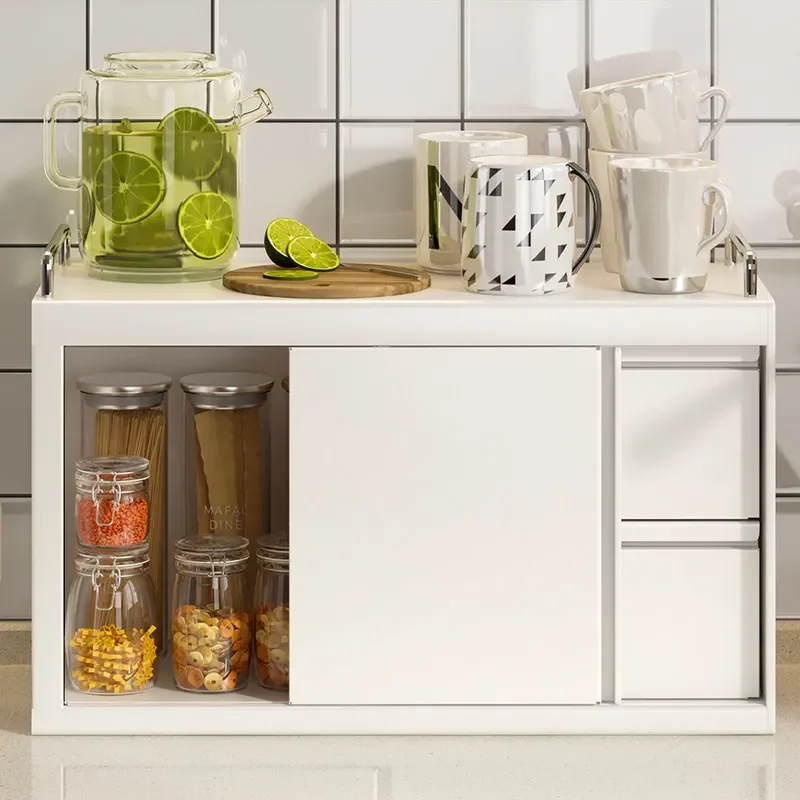 

Desktop Cup Storage Cabinet-Sliding Door Dust-Proof Organizer with Carbon Steel Drawers for Kitchen Office Home Multi-Layer Rack