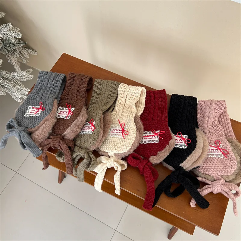 Korean Fahion Kids Ear Muffs Winter New Ins Girl Lace Tie Knitted Thicken Warm Hair Ear Covers Soft Baby Ear Warmer Headband
