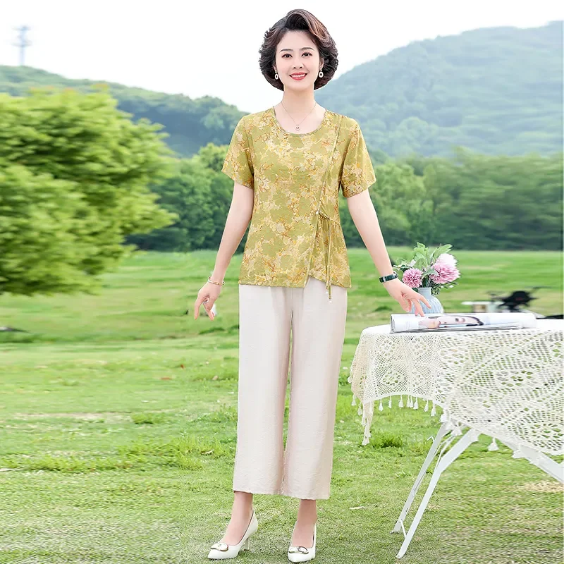 

Women's Two-Piece Cotton Linen Set For Middle-Aged Elderly Floral Print Short Sleeve Top Wide Leg Pants Summer Outfit