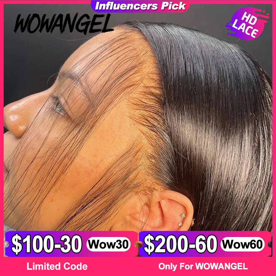 WOW ANGEL-Peluca de cabello humano liso con encaje frontal HD, pelo Invisible de 13x6, 250%