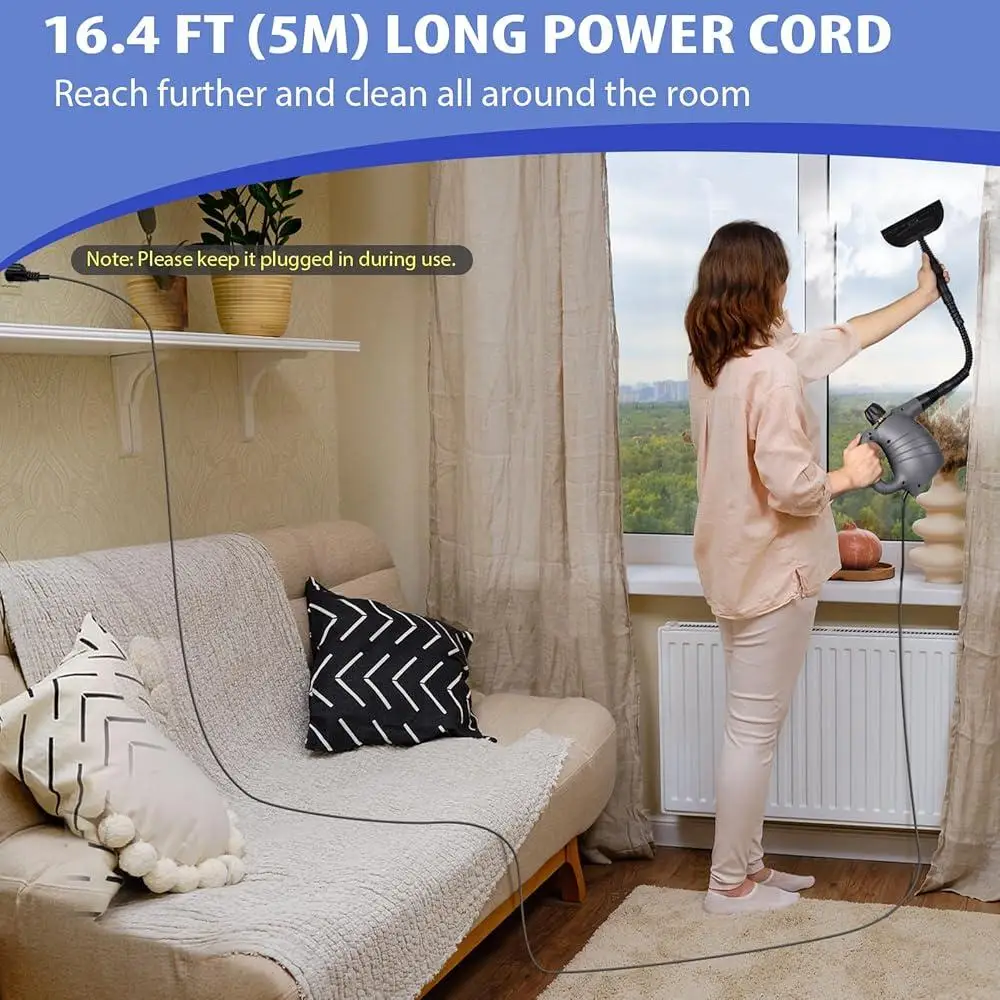 منظف بخار محمول باليد، باخرة محمولة 12 في 1 مع زر قفل بخاري مستمر وتنظيف قوي بقوة 1050 وات