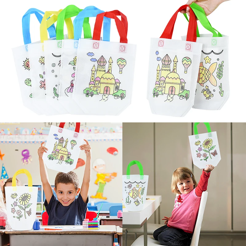 20pcs/set Coloring Graffiti Bags Children's Hand-made Cartoon Art DIY Painting Bag Birthday Party Non Woven Gift Bag with Handle