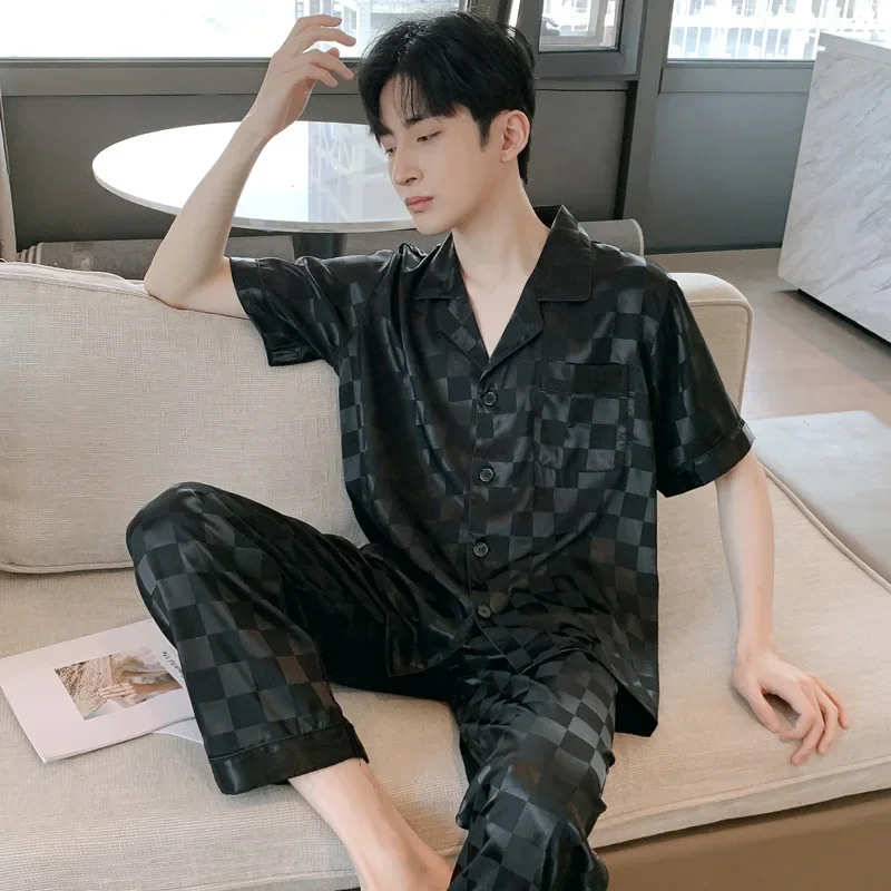 بنطلون طويل الأكمام أو سراويل قصيرة الأكمام جديد الحرير الساتان بيجامة مجموعات الرجال ملابس خاصة المطبوعة المنزل الذكور الساتان لينة مريحة الرجال بيجامة #4