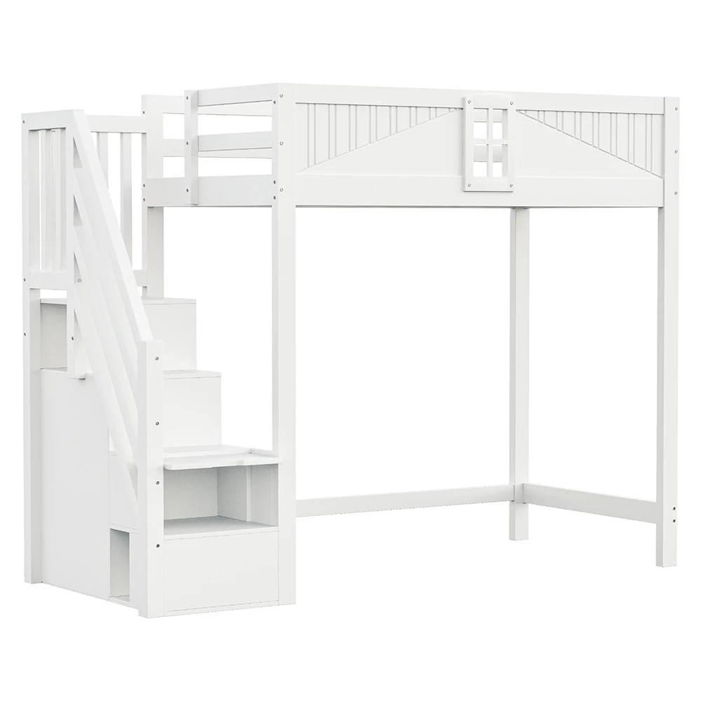 Factory Direct 2026 KOMHTOM 90x200 cm White Robust Solid Wood High Bed With Left and Right Replaceable Side Safety ladder
