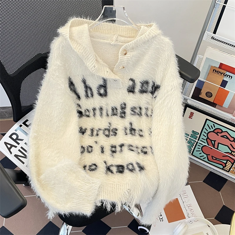 National Fashion American Letters Print Hood Sweater Male Couple Lazy Destruction Design Knitted Top Mink Velvet Outerwear