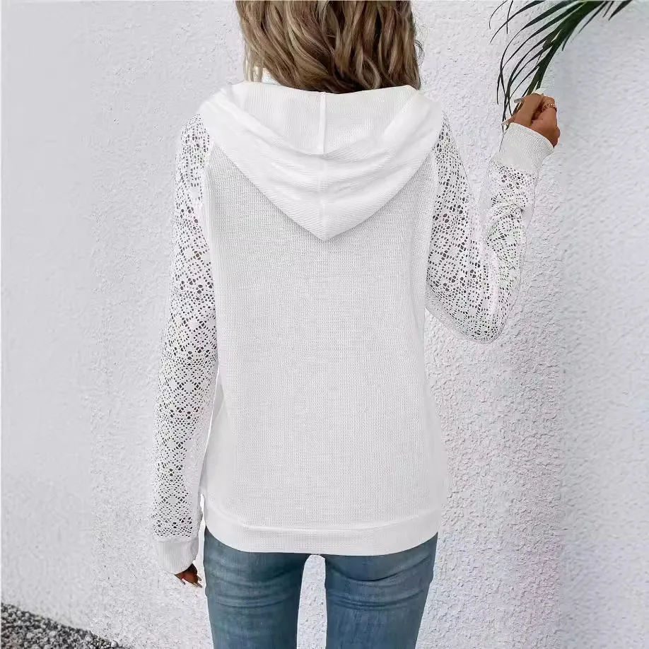 New Women Lace Waffle Patchwork Hoodie Casual Sweater