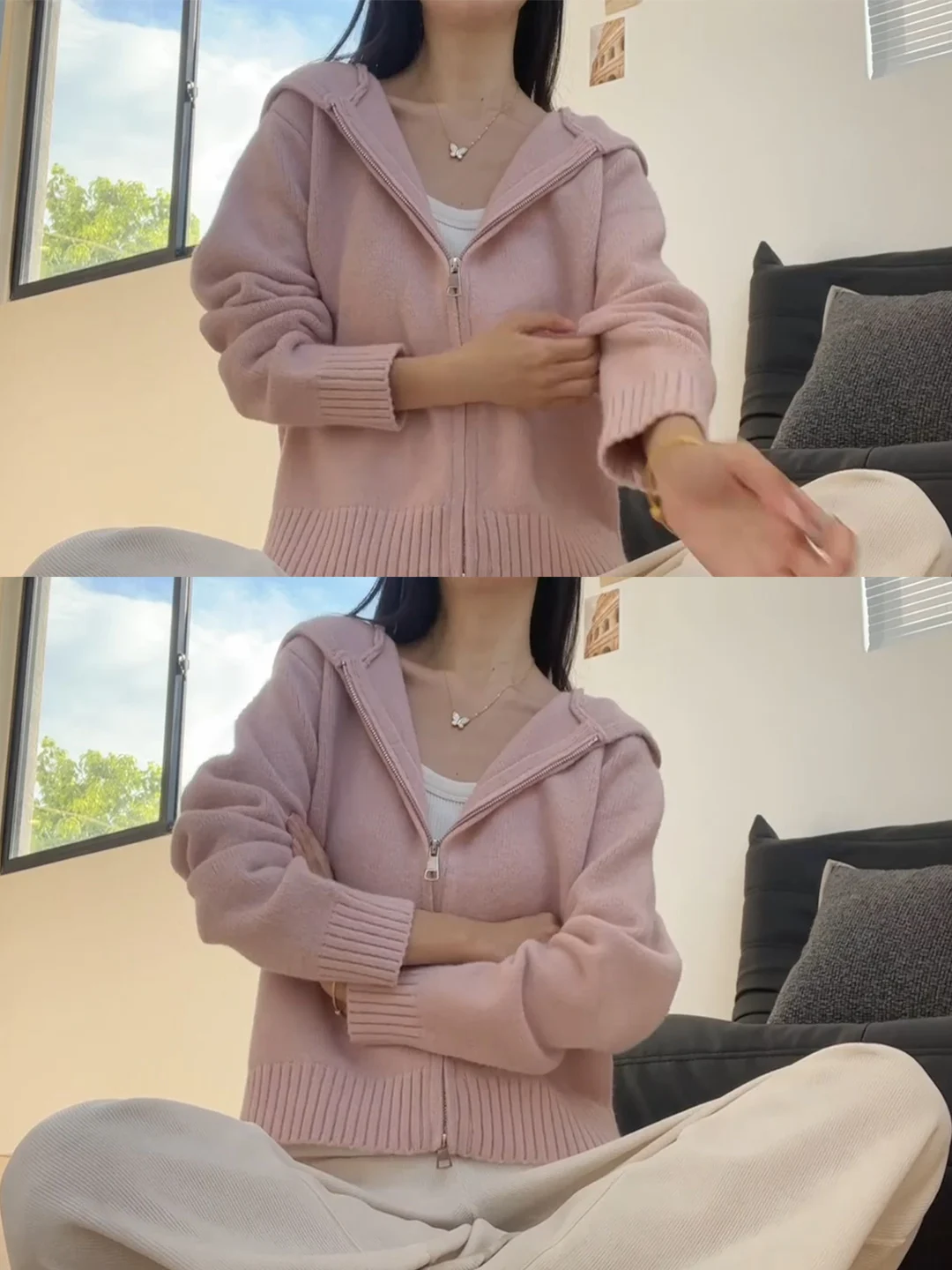 เสื้อสเวตเตอร์ถักมีฮู้ดสีชมพูสำหรับผู้หญิง ฤดูใบไม้ร่วง ฤดูหนาว ทรงหลวม นุ่ม สบาย เสื้อคลุมคาร์ดิแกนแบบมีซิป สไตล์ลำลอง