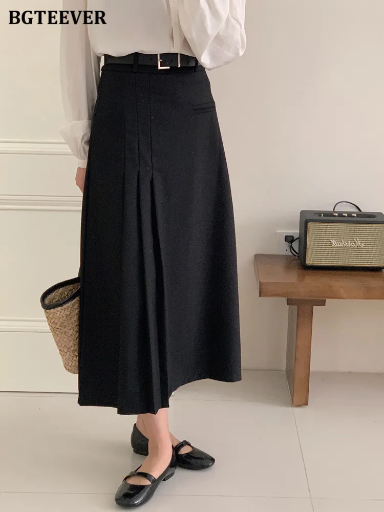 BGTEEVER Spring Summer Chic Loose Irregular Pleated Skirts Women Elegant High Waist Solid Female A-line Skirts