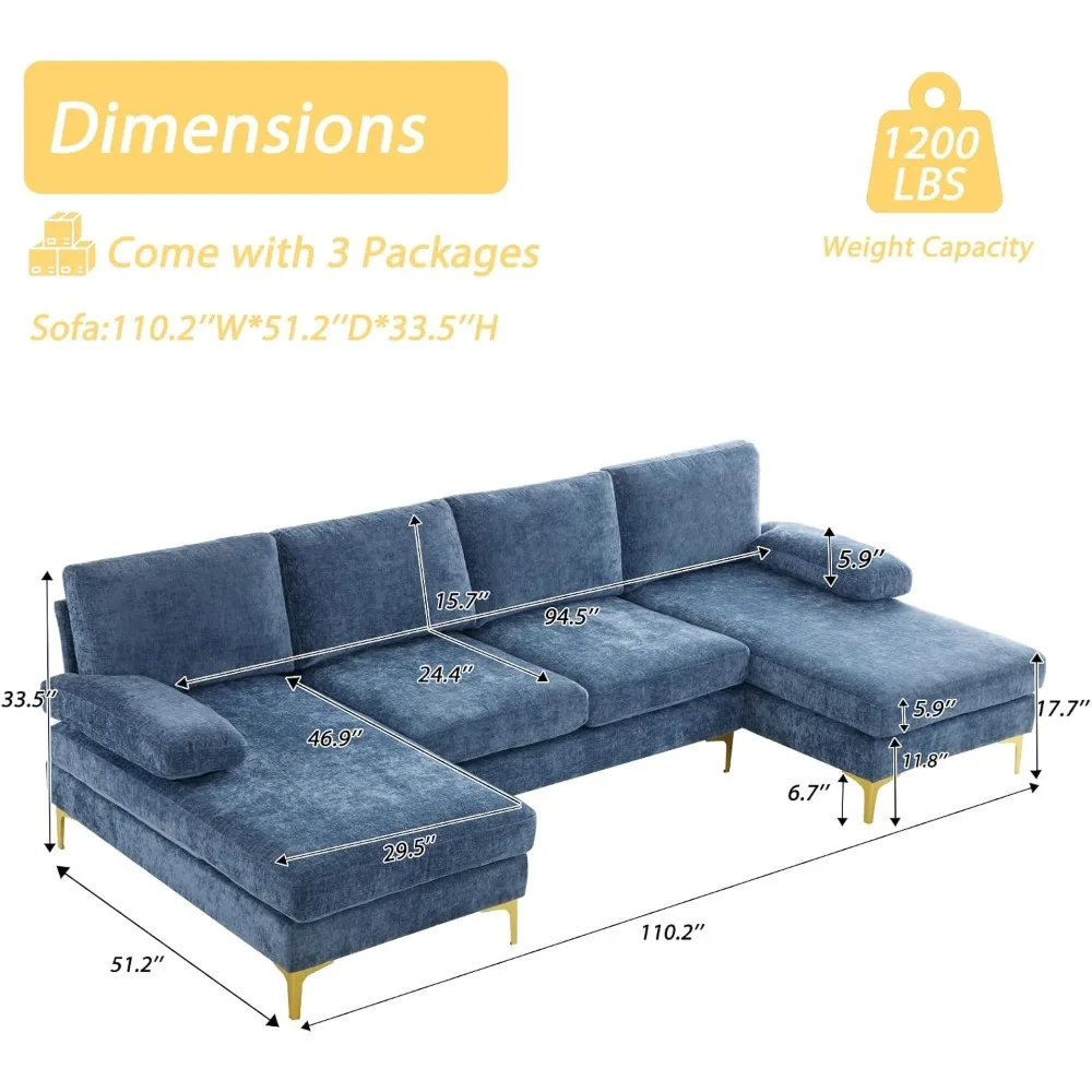 U-förmiges Sofagarnitur, 111-Zoll-modernes 4-Sitzer-Sofa mit Chaiselongues, gepolsterte, verkoverbare Couch mit Cordstoff und Wo