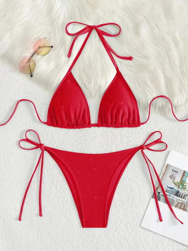 

Vzvn New All Season Backless Brazil Sexy Fashion Lace Up Sequins Beach Bikini Women Split Swimsuit Bikinis Bikini 2 Piece Set