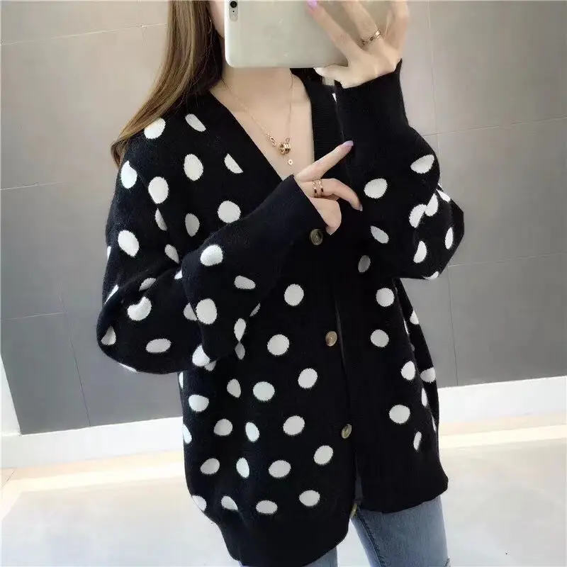 

Women's Knitted Cardigan V Neck Polka Dots Long Sleeves Loose Sweater Wholesale Button Autumn Winter New Fashion Lady Clothing