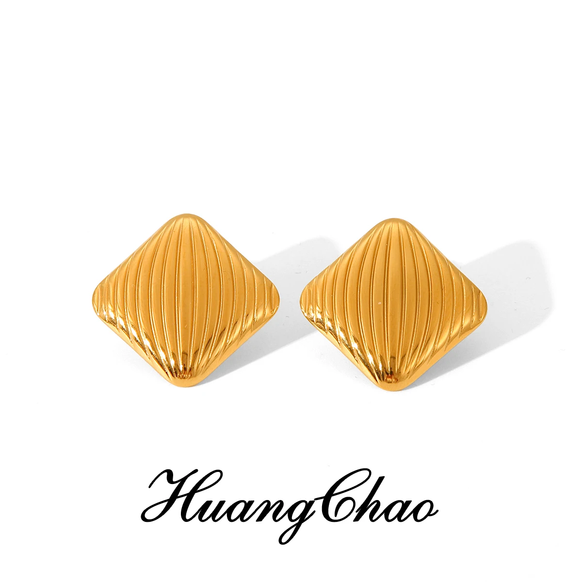 18K Gold-plated Square Earrings, Hammered Patterned Streamlined Textured Stainless Steel Jewelry, Everyday Waterproof