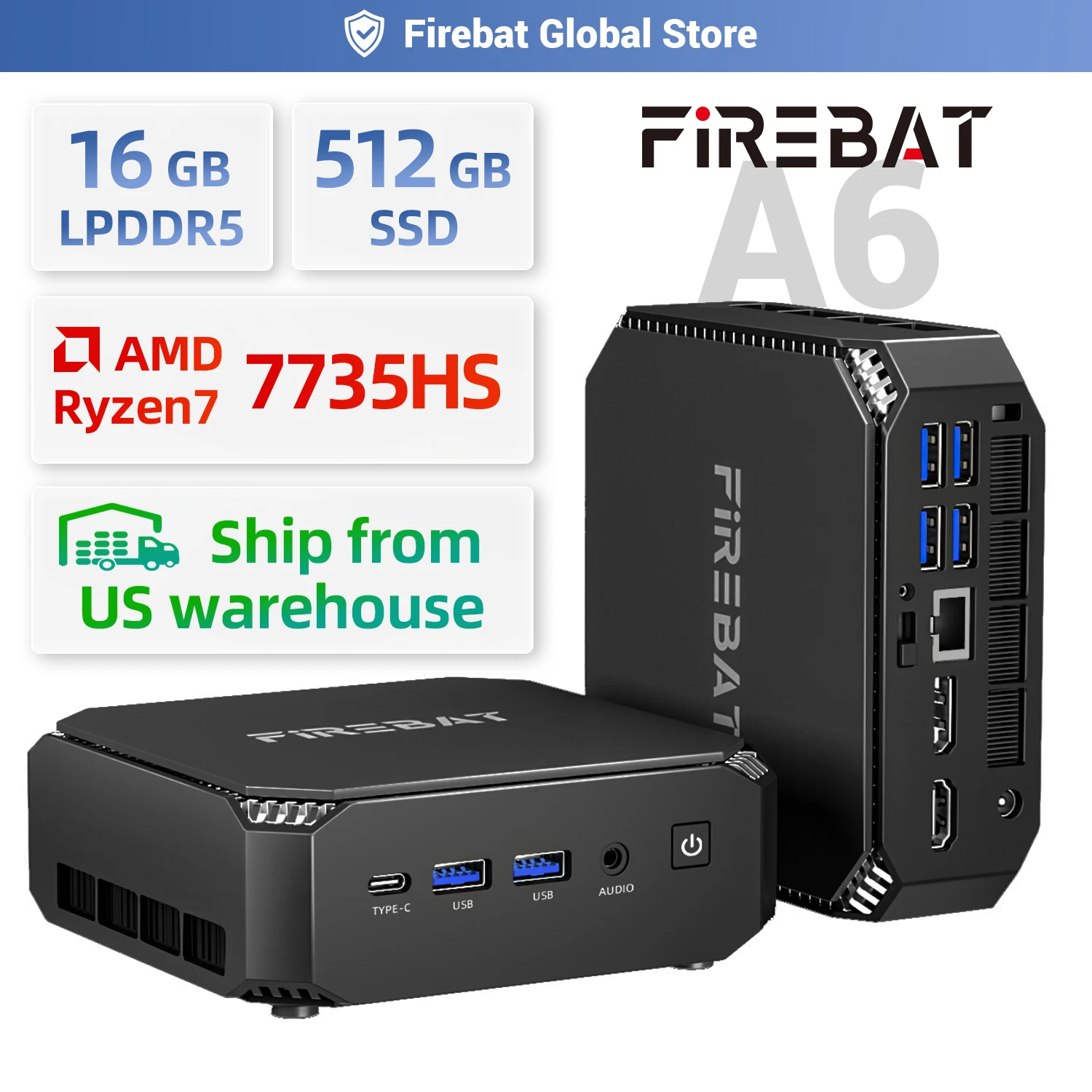 Firebat A6 Mini PC AMD R7 7735HS 8-core 16-thread Computer 16GB LPDDR5 RAM 512GB SSD WiFi 6 BT5.2 Mini PC 4K Desktop Computer