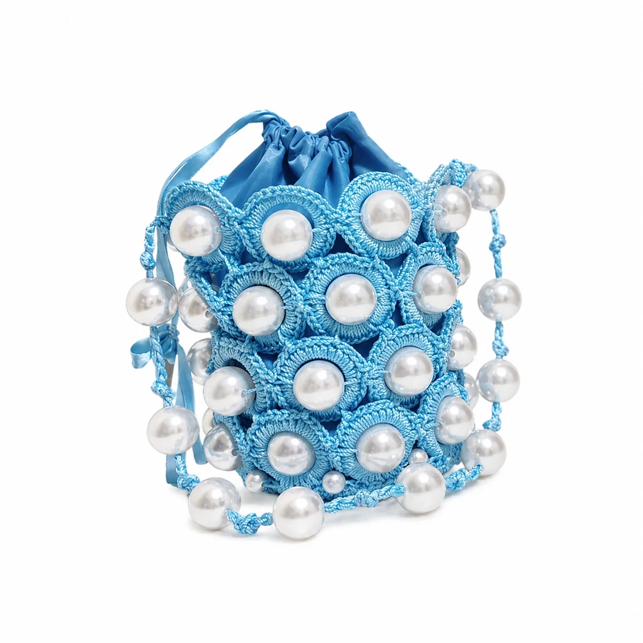 Luxury Handmade Crochet Pearl Bucket Bag for Women – Elegant Beaded Shoulder Bag, Cute Mini Drawstring Purse, Summer Party Eveni image 4