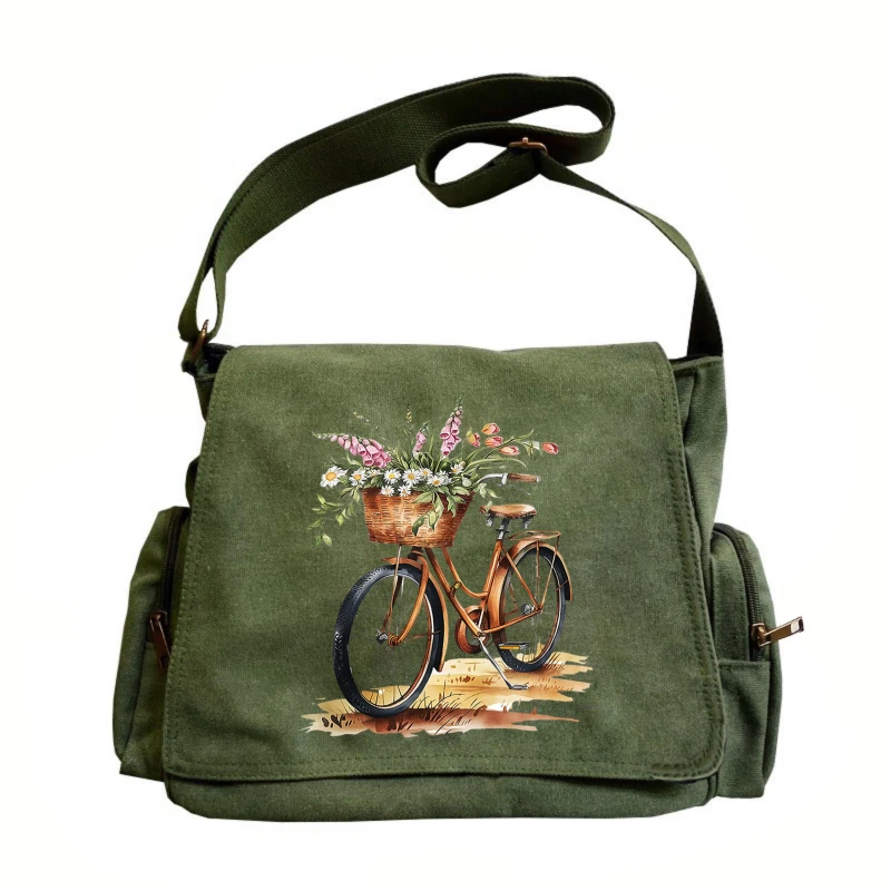 

Vintage Womens Messenger Bag Floral Bicycle Print Canvas Crossbody Bag Large Capacity Travel Shoulder Bag