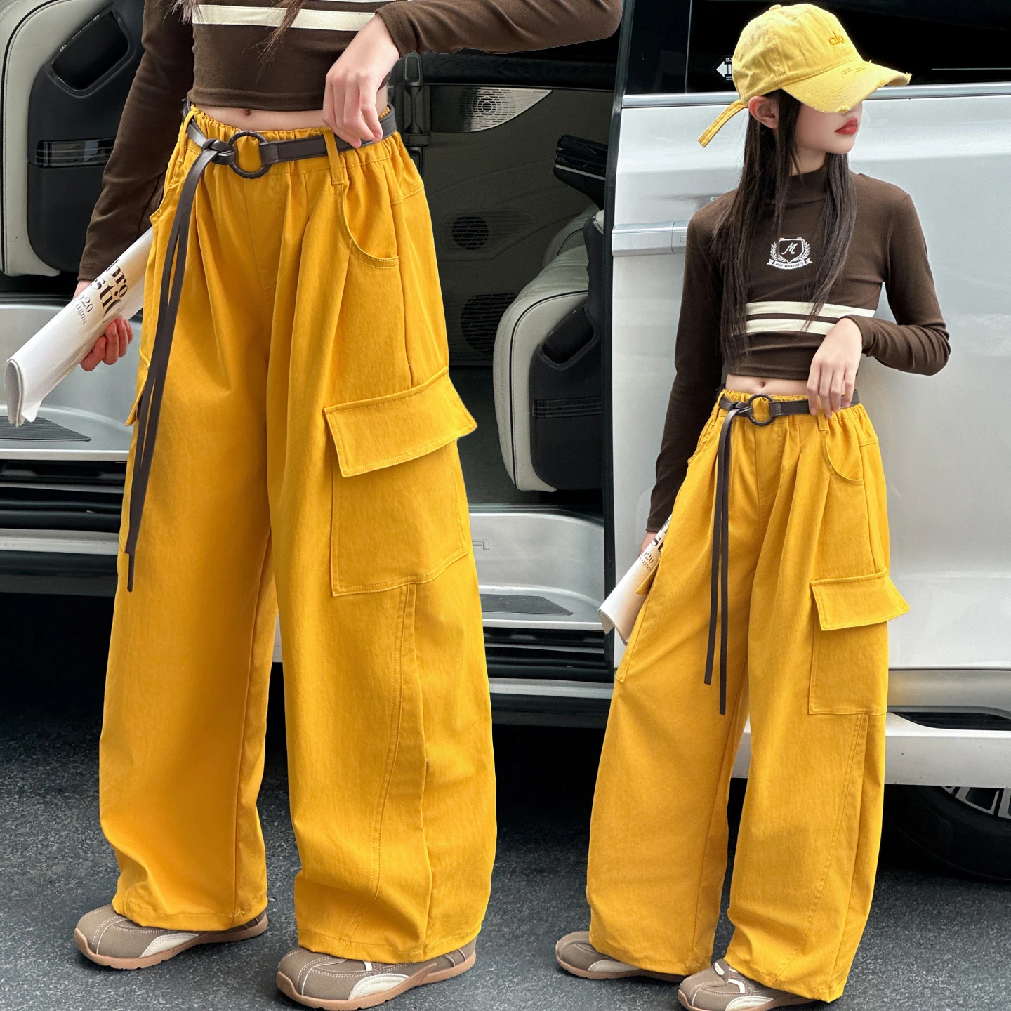 

New Autumn Girls Pants High Waisted Children's Loose Korean Patchwork Bending Knife Cargo Pants Kids Casual Style Long Trousers
