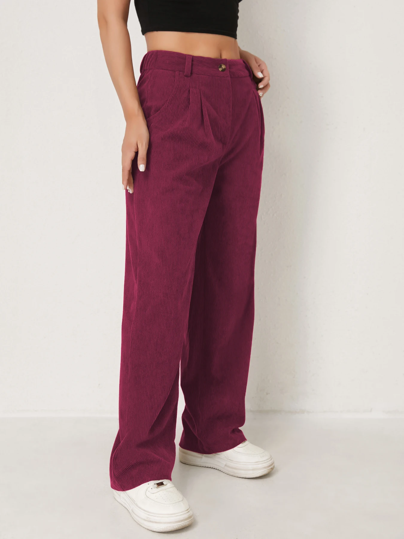 Neue Herbst- und Winter-Freizeitanzüge für Damen in Unifarben aus Cord mit weitem Bein und geraden, samtartigen Hosen, die schlank aussehen – Detail 21