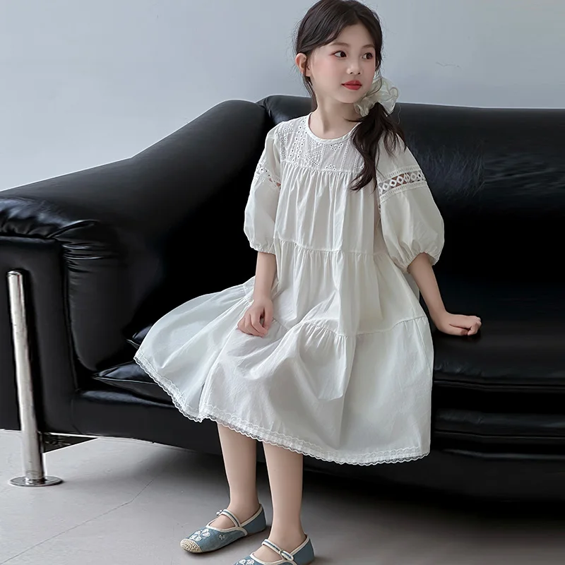 Girls Puff Sleeve Dress Children Short Sleeve Lace Princess Dress Kids White Dress 2025 Summer New