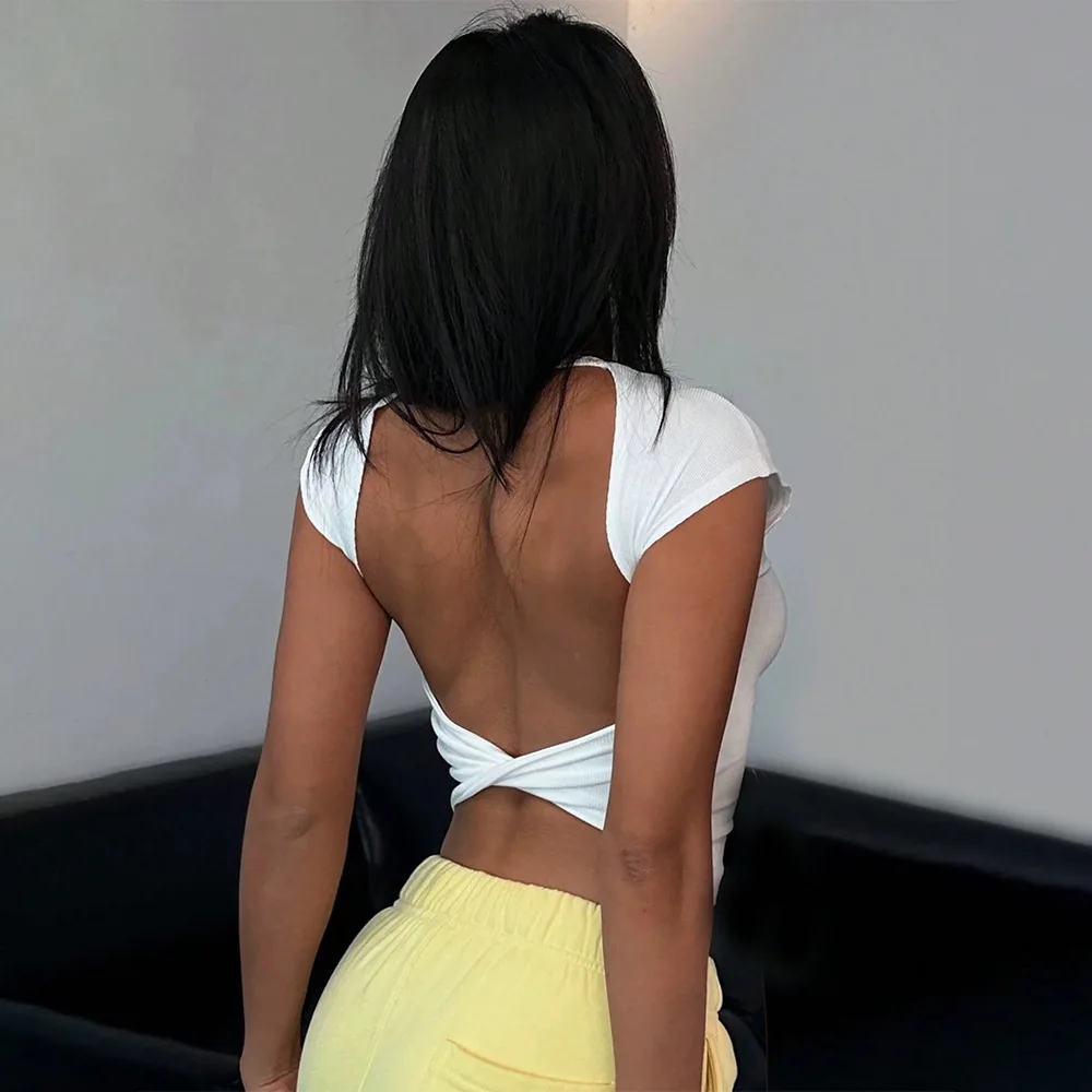 Sexy Knitted Crop Top Open Back Cross Twist Knot Summer Spring Women Slim Fit Y2K Streetwear