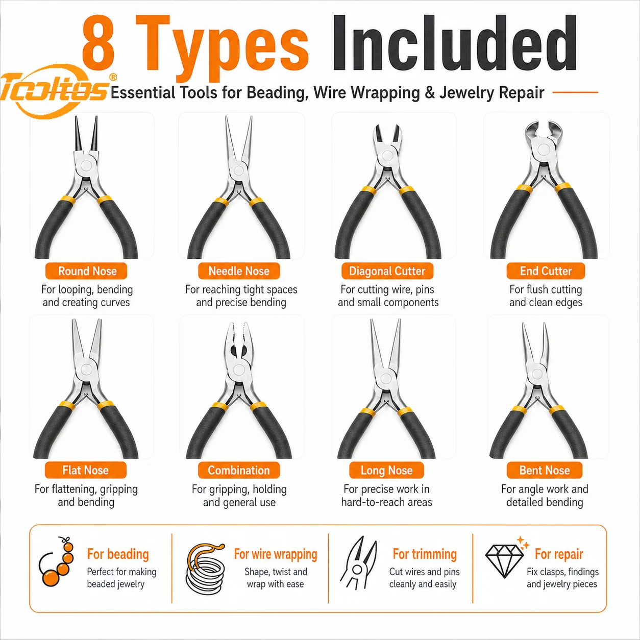 TOOLTOS 8PCS Mini Jewelry Pliers Set Round Nose Needle Nose Flat Nose Bent Nose Diagonal End Cutter Combination Pliers for Jewelry Making Repair