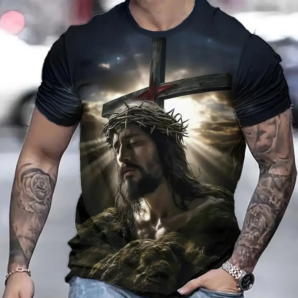 Camiseta de verano para hombre, camisetas 3d de Jesús Prin, camiseta de manga corta, moda urbana, informal, cuello redondo, ropa de gran tamaño para hombre, jersey