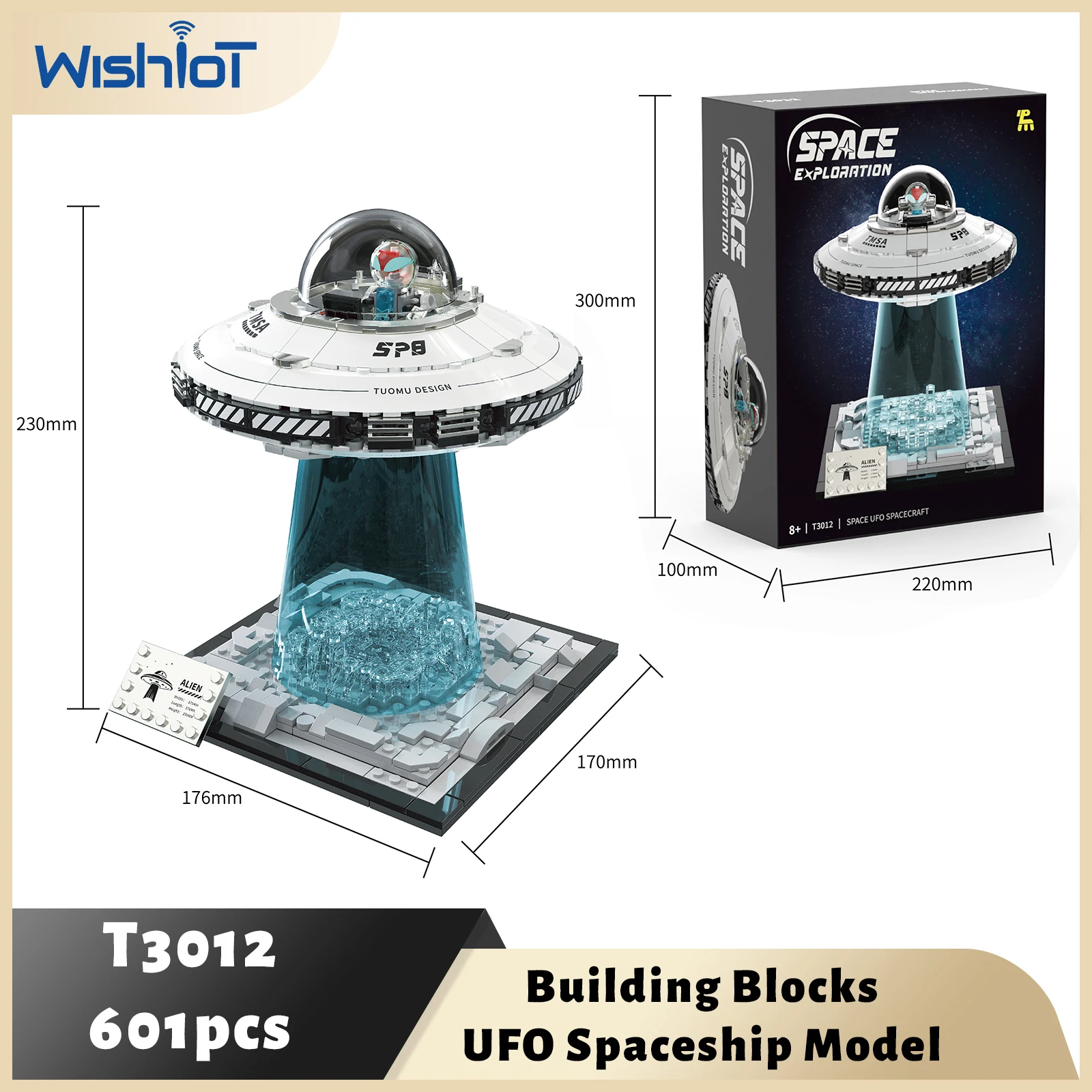 

601 шт. НЛО, инопланетянин, космический корабль, строительные блоки, серия космических исследований, сборная модель со световыми игрушками, декор для рабочего стола, креативные подарки