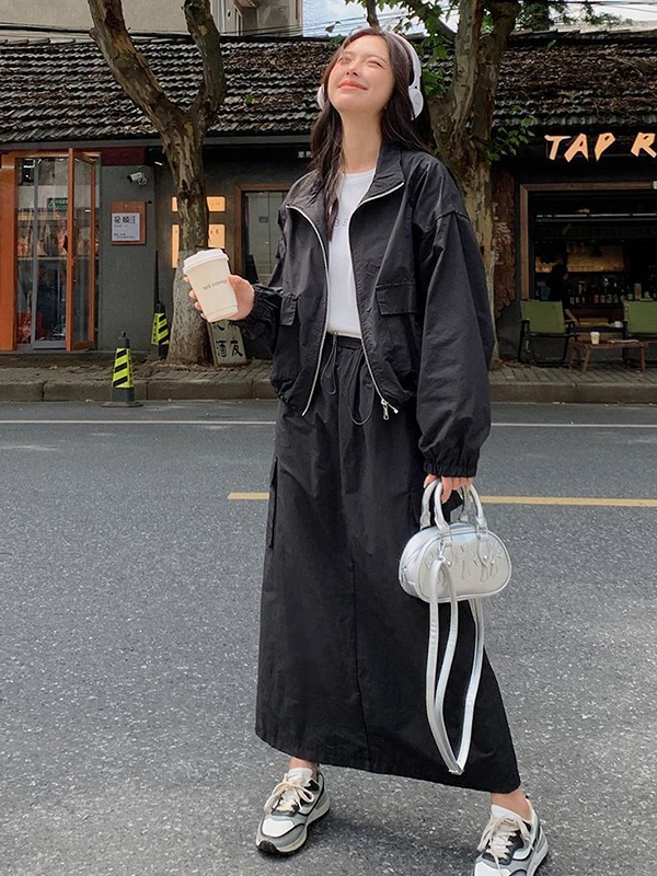 

Комплект из двух предметов: юбка А-силуэта с высокой талией и свободная верхняя одежда больших размеров для женщин, осенняя модная одежда больших размеров для полных женщин