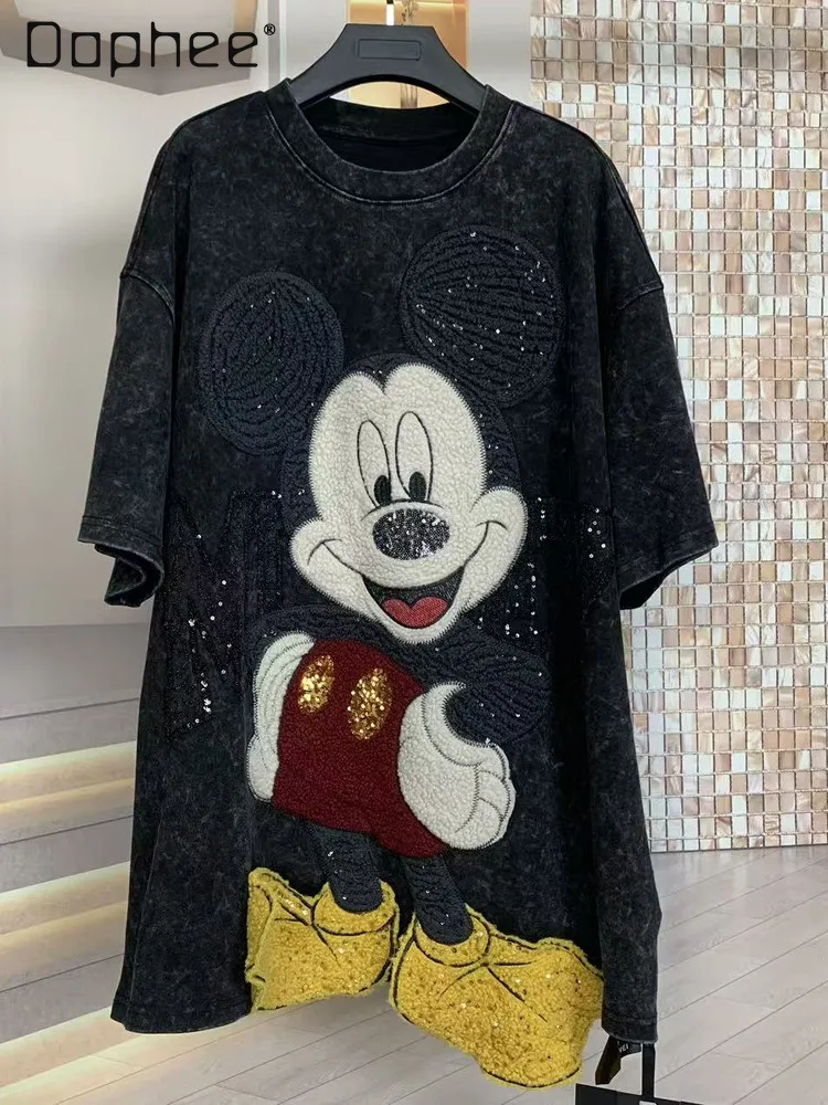 

Trendy Brand Autumn New Embroidered 3D Foot Cute Cartoon Black Tee Fashion Oversized Loose Short Sleeve T-Shirt Women
