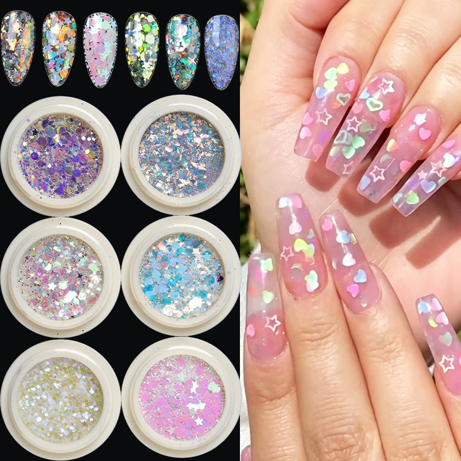 6 boîtes de paillettes holographiques irisées pour nail art, étoiles, cœurs, rondes, hexagonales, arc-en-ciel, mélange de paillettes, décoration de ongles sirène