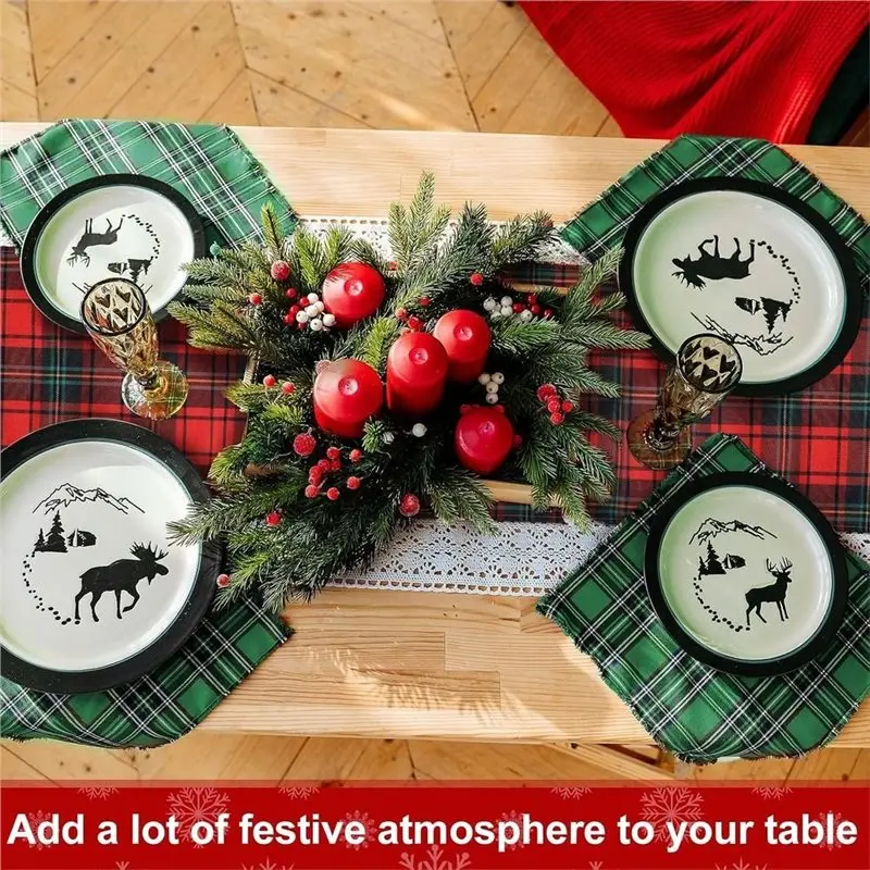 TFORU-Christmas For Kitchen Dinner Table Runner 2 Pcs 72 X 13 Inch Red Green Tartan Plaid Scottish Decorations