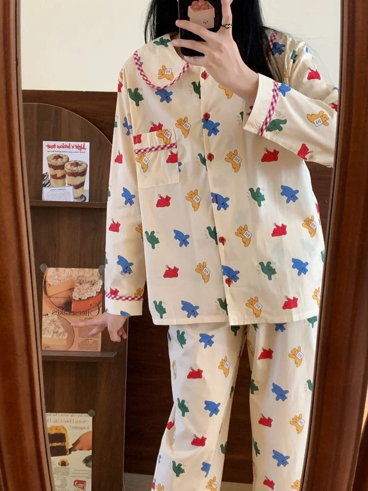 

Spring Autumn Women's Spwear Loose Thin Long Sve Home Clothes Set Cute Bear Pattern Sweet Sle Cotton Pajamas Set