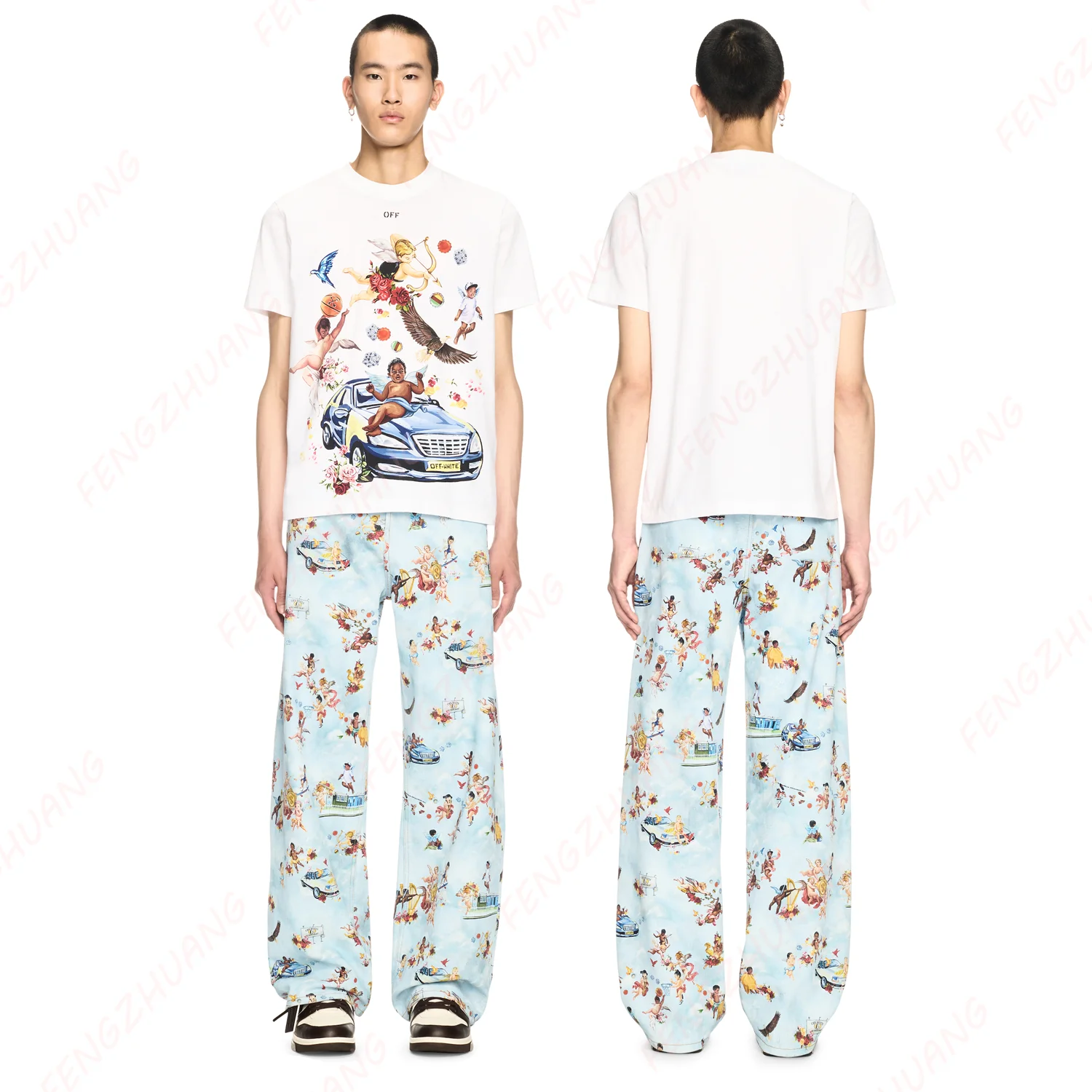 

Car Mural T-shirt And Multicolor Fresco Pants Sleepwear Set Man and Women Loose Outfit Hot Sale Faddish Casual Set